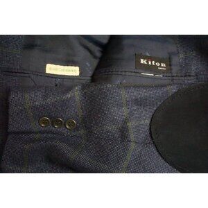 Kiton 100% Cashmere Blue Green Plaid Suede Elbow Pad Sport Coat Jacket Sz 48R